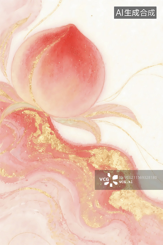 【AI数字艺术】金箔岩彩水蜜桃中式插画图片素材