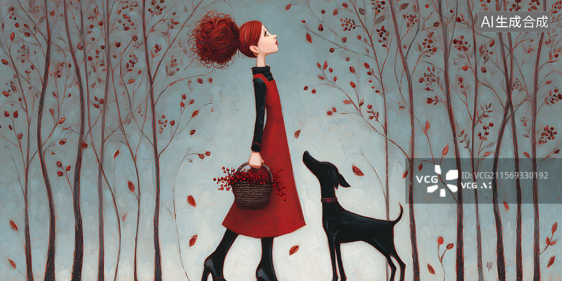 【AI数字艺术】森林 女孩 红色 小狗图片素材