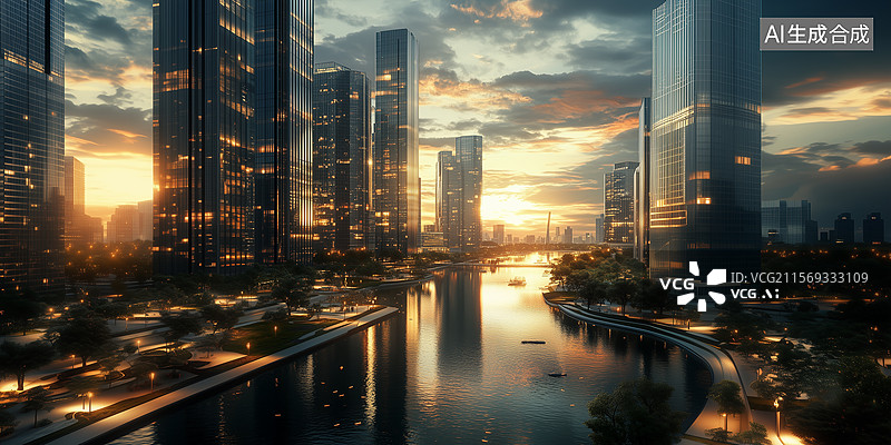【AI数字艺术】玻璃高楼与落日水岸现代都市图片素材