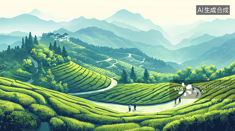 【AI数字艺术】春茶节插画人们在茶园的山间小道踏青欣赏茶田图片素材