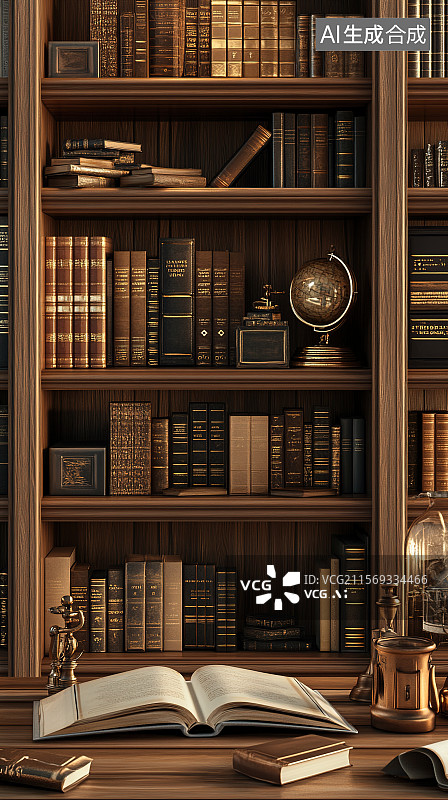 【AI数字艺术】书房图书馆图书文具区摆满各类书籍的书架图片素材