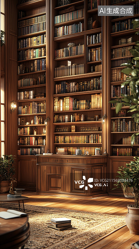 【AI数字艺术】书房图书馆图书文具区摆满各类书籍的书架图片素材