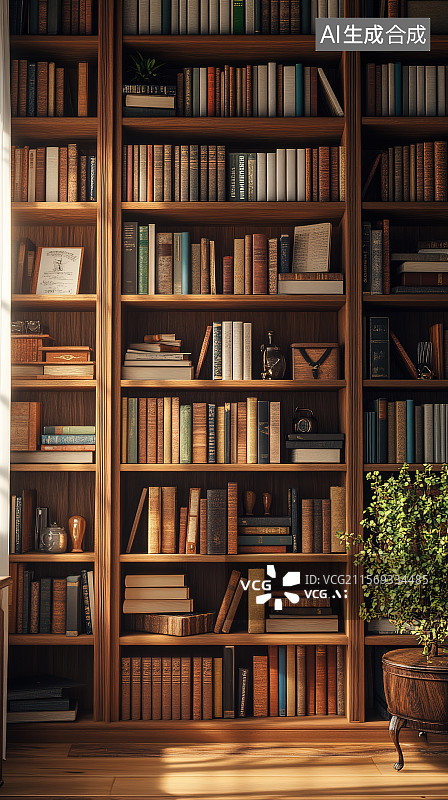 【AI数字艺术】书房图书馆图书文具区摆满各类书籍的书架图片素材