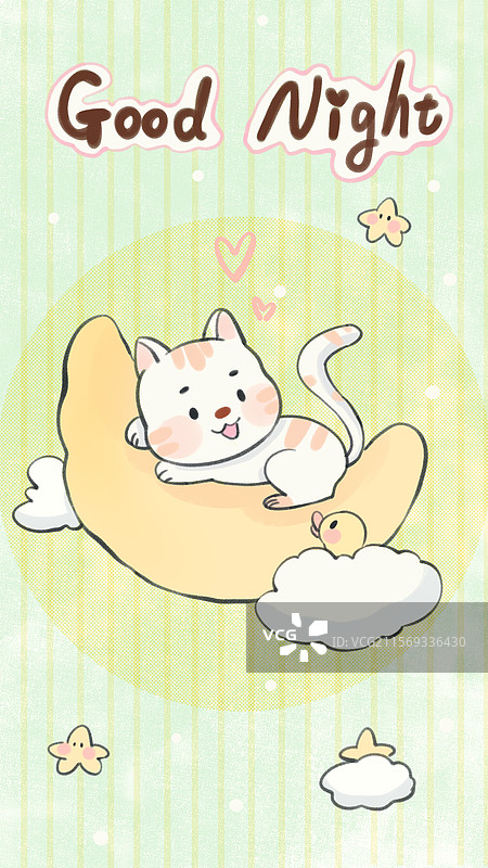 手绘简笔可爱猫咪与月亮手机壁纸插画图片素材