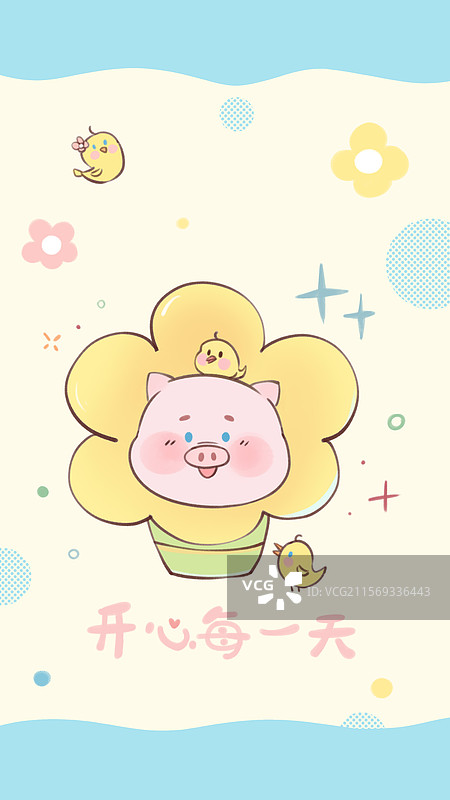 手绘简笔可爱小猪花朵与小鸡手机壁纸插画图片素材