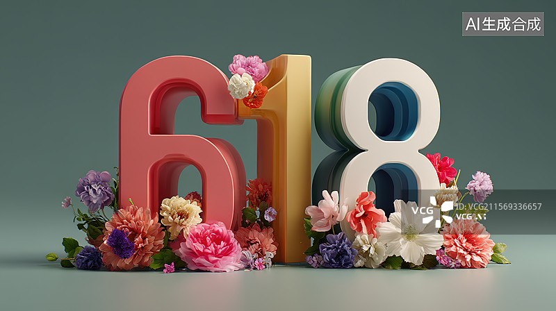 【AI数字艺术】数字618花环，鲜花，电商购物节年中大促销图片素材