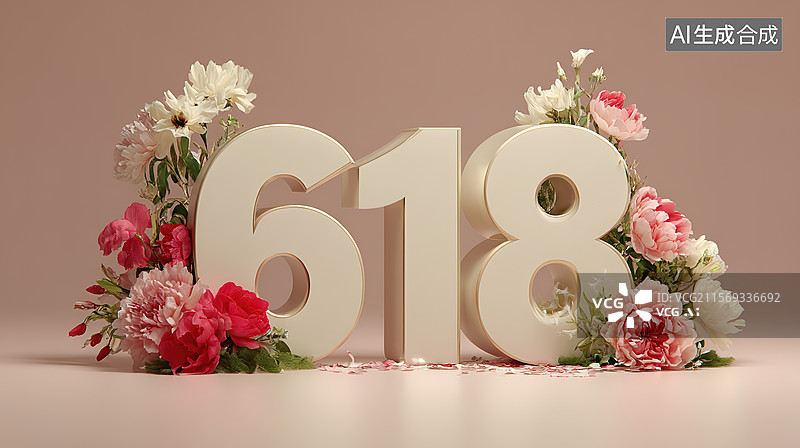 【AI数字艺术】数字618花环，鲜花，电商购物节年中大促销图片素材