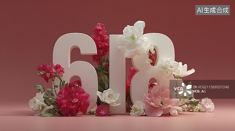 【AI数字艺术】数字618花环，鲜花，电商购物节年中大促销图片素材