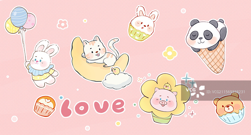 手绘简笔一组可爱的动物创意组合元素贴纸插画图片素材