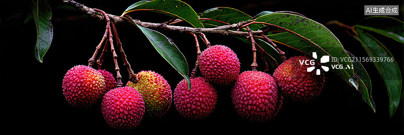 【AI数字艺术】树枝上挂着诱人的荔枝高级农产品包装设计鲜艳红皮与绿叶衬托深色背景七月荔枝节促销创意抽象商业背景图片素材