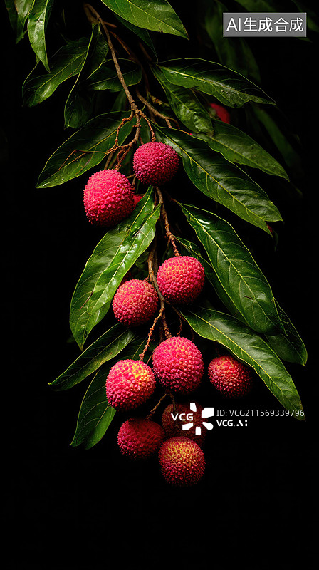 【AI数字艺术】树枝上挂着诱人的荔枝高级农产品包装设计鲜艳红皮与绿叶衬托深色背景七月荔枝节促销创意抽象商业背景图片素材