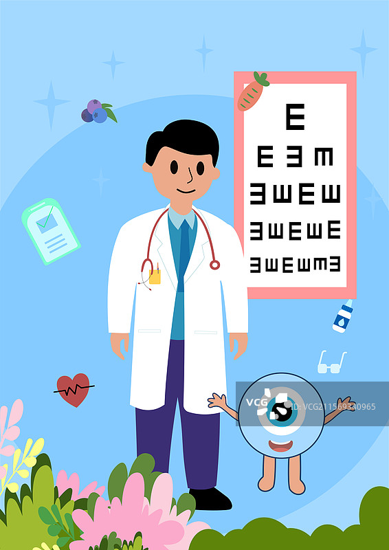 爱眼日医生守护视力拟人眼睛与视力表设计图片素材