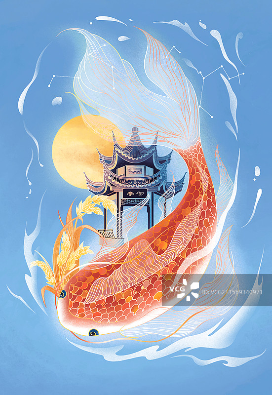 锦鲤古建筑夜景插画海报设计图片素材