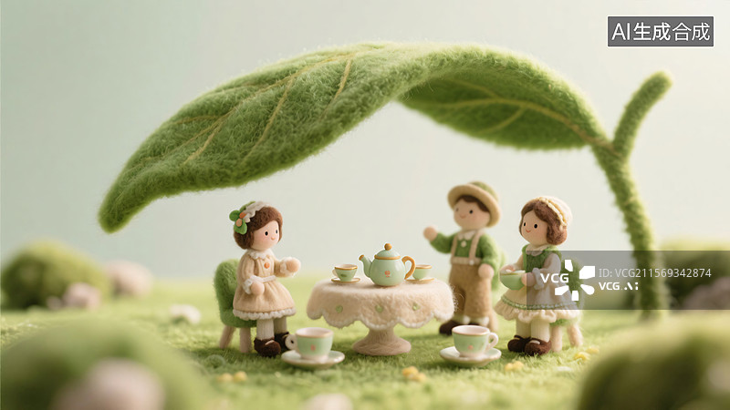 【AI数字艺术】[毛毡风人物户外下午茶场景][手工质感风格][节日贺卡、手工艺品宣传插画]图片素材