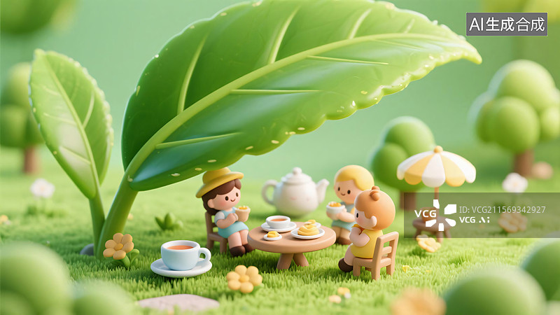 【AI数字艺术】[毛毡风人物户外下午茶场景][手工质感风格][节日贺卡、手工艺品宣传插画]图片素材