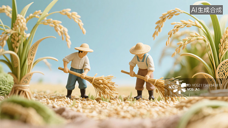 【AI数字艺术】[农民田间劳作场景][微缩写实风格][农业主题、丰收节气宣传画]图片素材