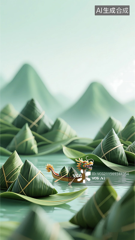 【AI数字艺术】3d端午节卡通粽子划龙舟海报背景图片素材