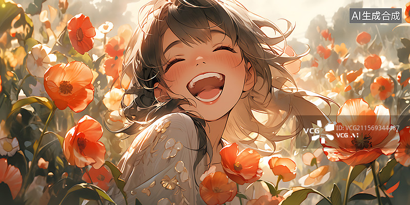 【AI数字艺术】阳光下女孩在花丛里幸福大笑唯美女生节情人节插画图片素材