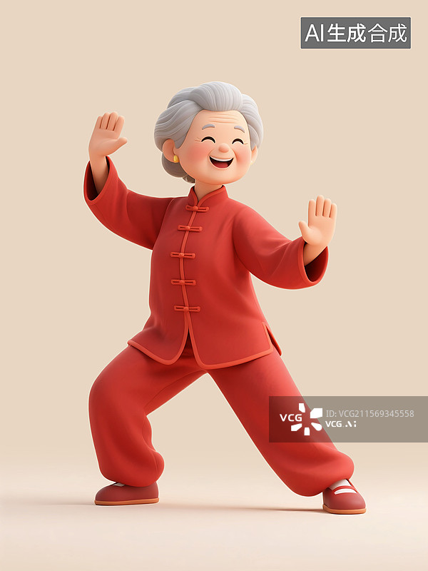 【AI数字艺术】3D三维C4D老年人女人女性祖母奶奶退休养老健康幸福开心打太极拳中国功夫图片素材