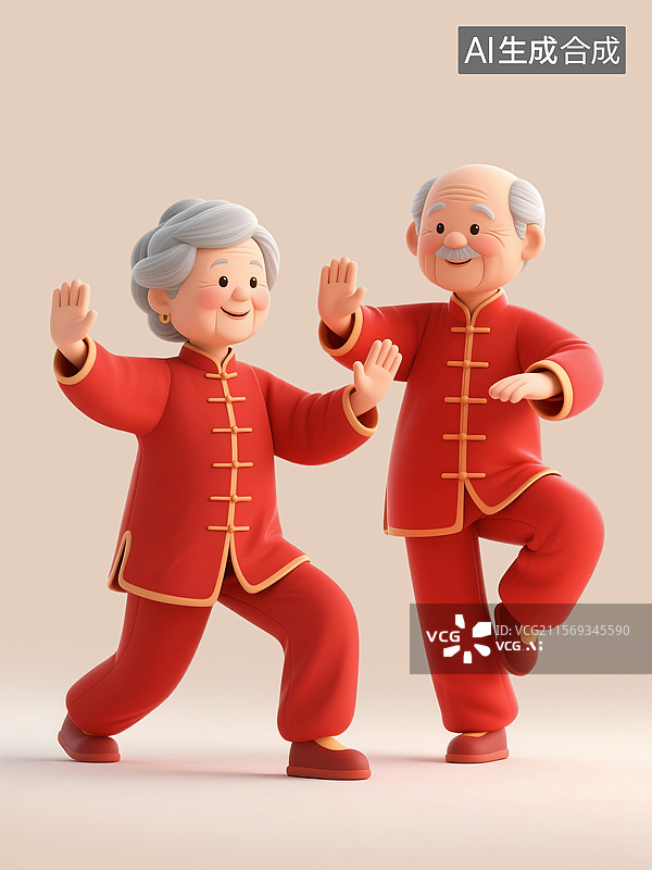 【AI数字艺术】3D三维C4D老年人伴侣夫妇爷爷奶奶退休养老健康幸福开心打太极拳中国功夫图片素材