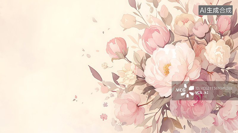 【AI数字艺术】粉色水彩玫瑰花芍药花边框插画图片素材