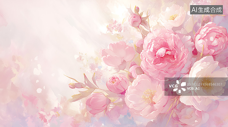 【AI数字艺术】粉色水彩玫瑰花芍药花边框插画图片素材