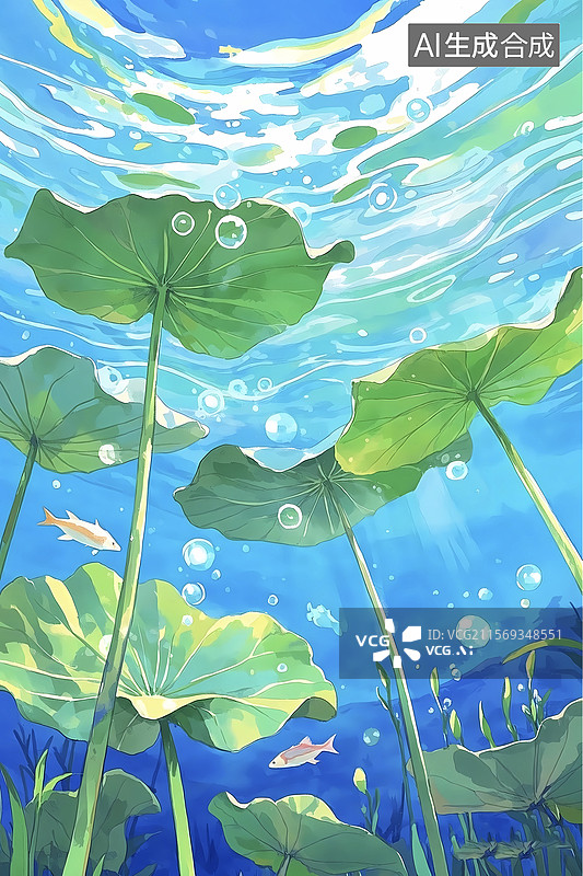 【AI数字艺术】河底水下景观荷叶夏天清新插画图片素材