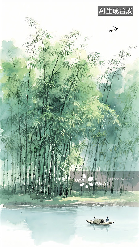 【AI数字艺术】东方意境禅意竹林河堤背景图片素材