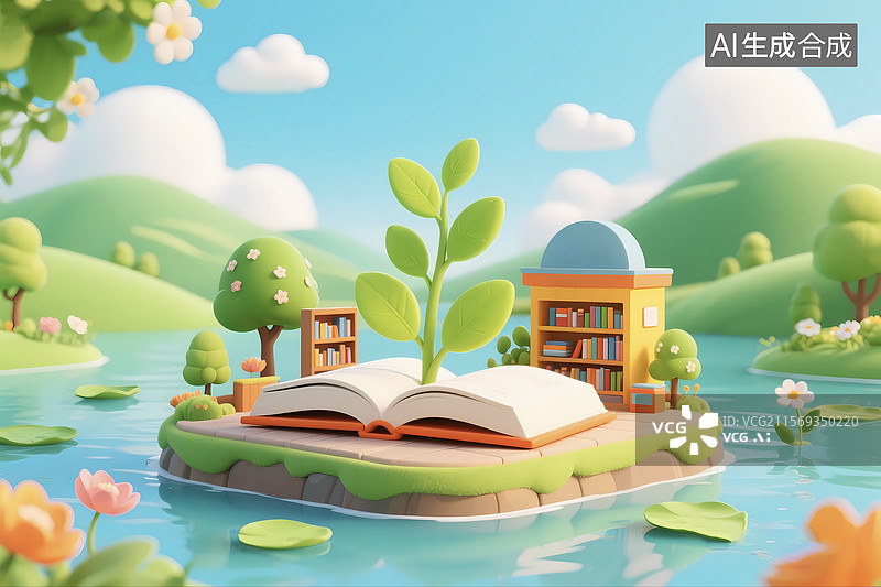 【AI数字艺术】3d卡通世界读书日打开的书科学读物图片素材