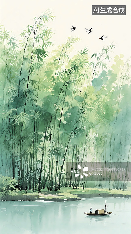 【AI数字艺术】东方意境禅意竹林河堤背景图片素材