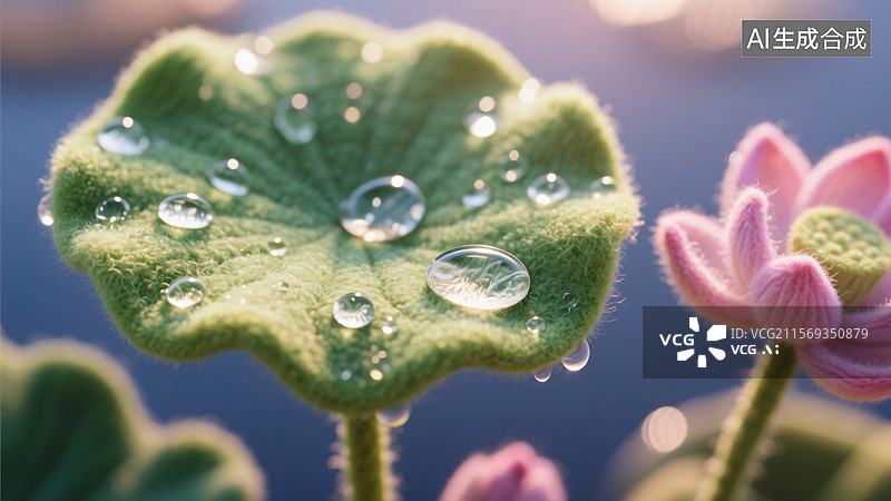 【AI数字艺术】[毛毡质感荷叶带水珠与荷花场景][写实微缩风格][自然主题装饰画、手工艺品宣传]图片素材