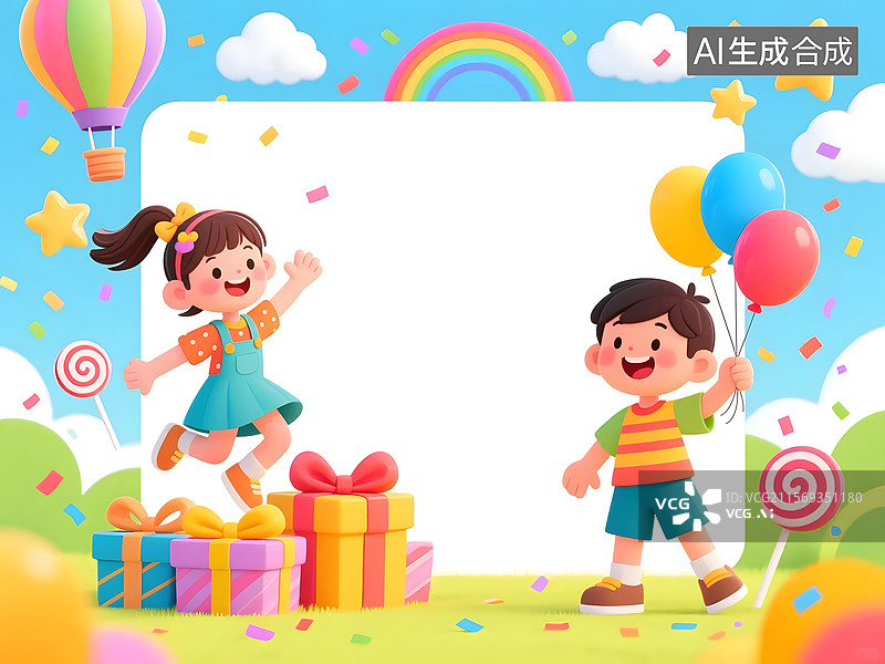 【AI数字艺术】儿童节卡通小孩的户外玩耍插图图片素材
