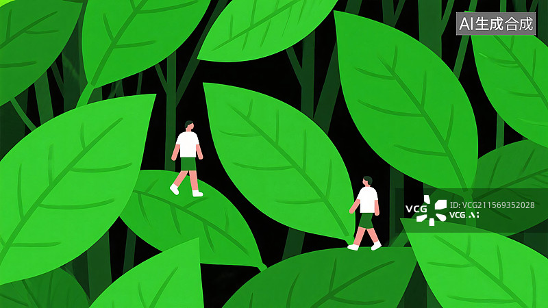 【AI数字艺术】[简约风格人物林间漫步场景][扁平插画风格][户外休闲、自然主题海报]图片素材