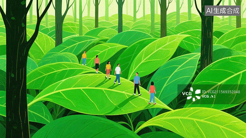 【AI数字艺术】[简约风格人物林间漫步场景][扁平插画风格][户外休闲、自然主题海报]图片素材