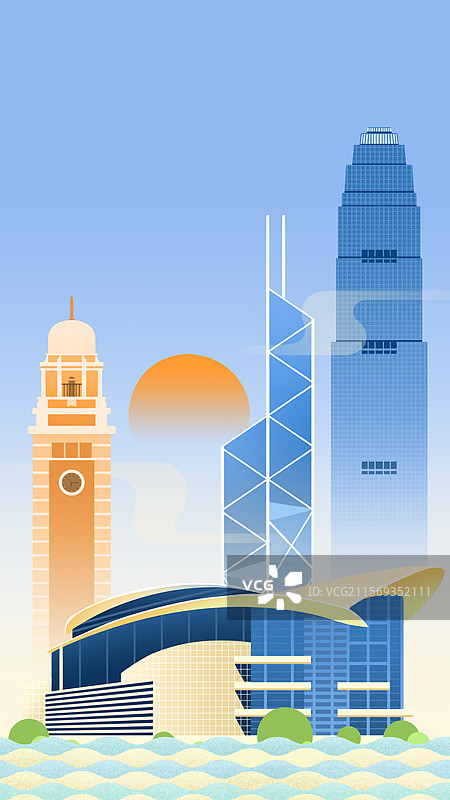 香港地标建筑中银大厦尖沙咀钟楼金融会展中心插画图片素材