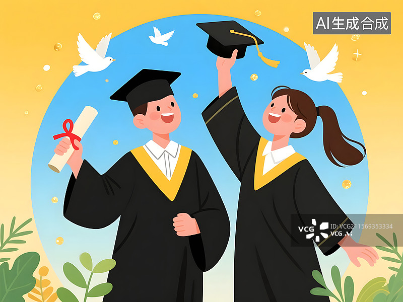 【AI数字艺术】跳跃着庆祝毕业的学生插图图片素材