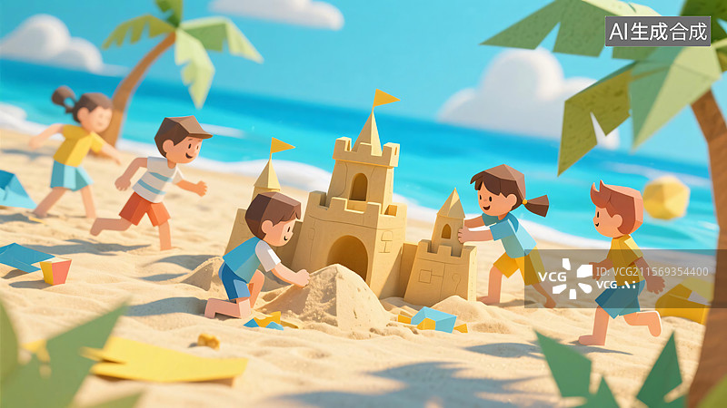 【AI数字艺术】[海滩儿童建造沙堡场景] [卡通风格] [夏日主题装饰插画]图片素材