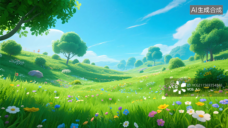 【AI数字艺术】[阳光照耀下的多彩草地风景][清新卡通风格][自然主题壁纸 / 户外宣传画]图片素材
