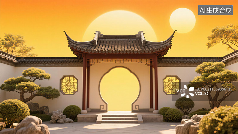 【AI数字艺术】[中式庭院透过圆门看夕阳的景致][写实古风风格][中式建筑宣传 / 传统文化素材]图片素材