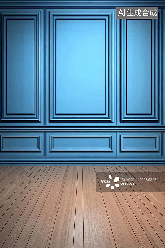 【AI数字艺术】蓝色装饰墙与木质地板图片素材