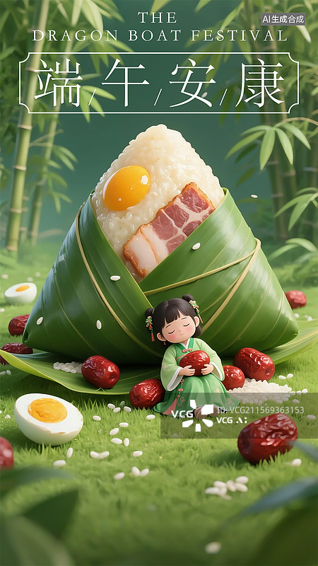 【AI数字艺术】中式端午粽子与小女孩在竹林图片素材