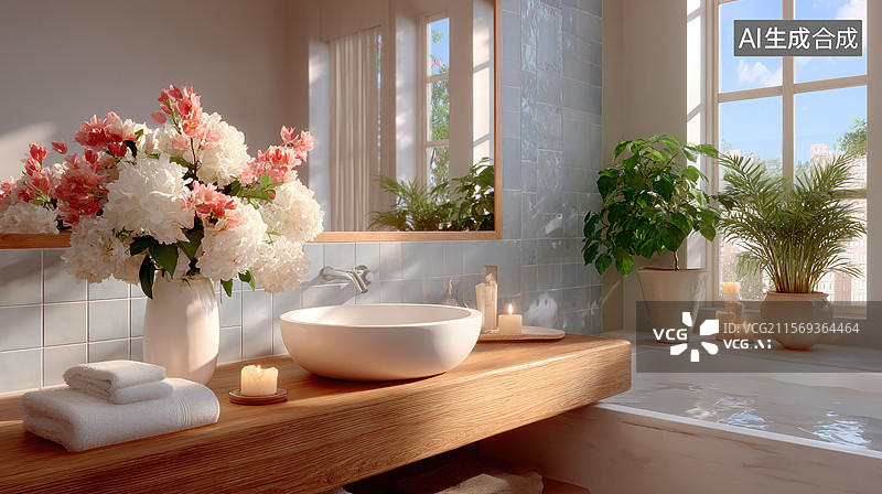 【AI数字艺术】现代浴室中的花卉装饰图片素材