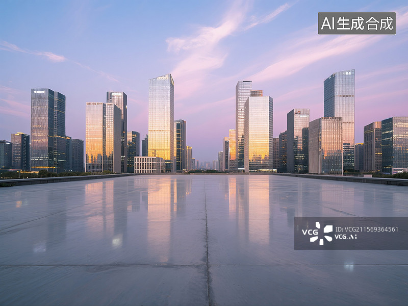 【AI数字艺术】现代摩天大楼前的反光空旷广场图片素材