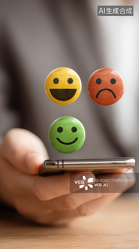 【AI数字艺术】手持手机显示表情符号图片素材