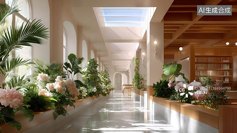 【AI数字艺术】现代室内走廊与植物装饰图片素材