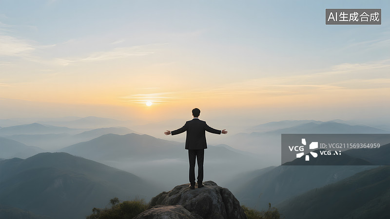 【AI数字艺术】站在山顶上的人迎接日出图片素材