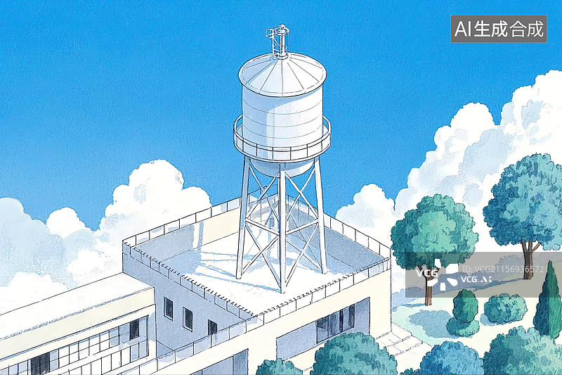 【AI数字艺术】彩铅风治愈绘本插画中的水塔图片素材