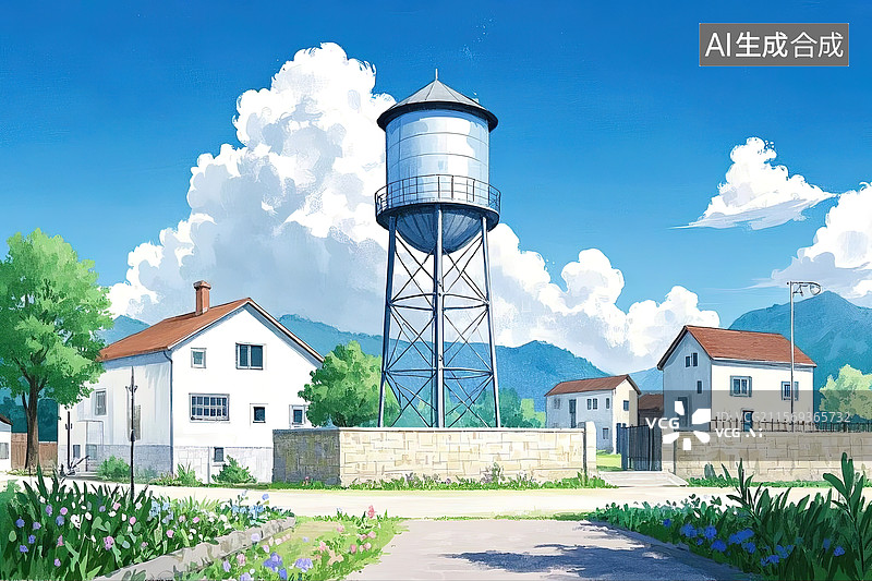 【AI数字艺术】彩铅风治愈绘本插画中的水塔图片素材