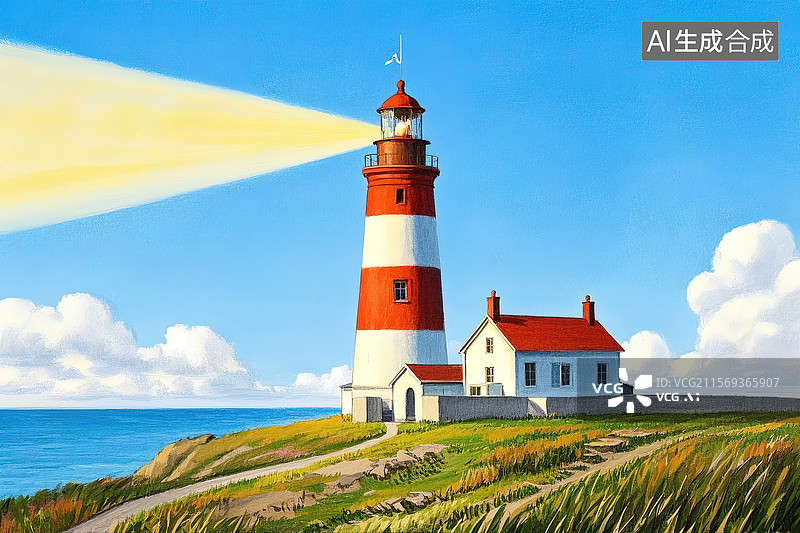 【AI数字艺术】彩铅风治愈绘本插画中的灯塔图片素材