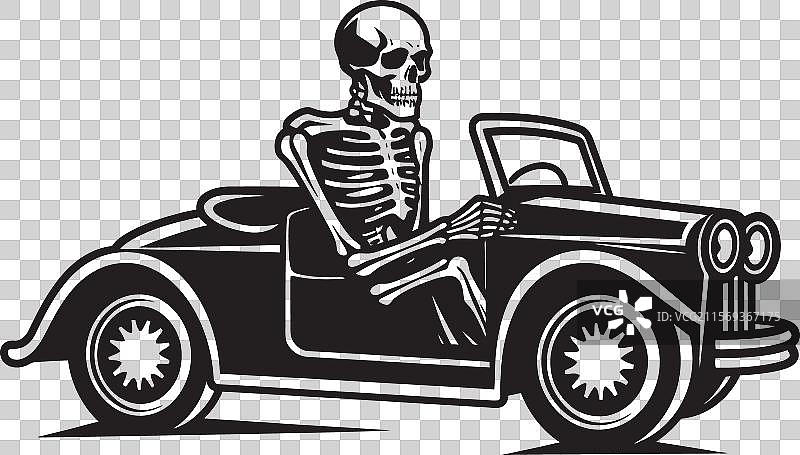 骇人听闻的骷髅驾驶汽车，脊椎暴露图片素材
